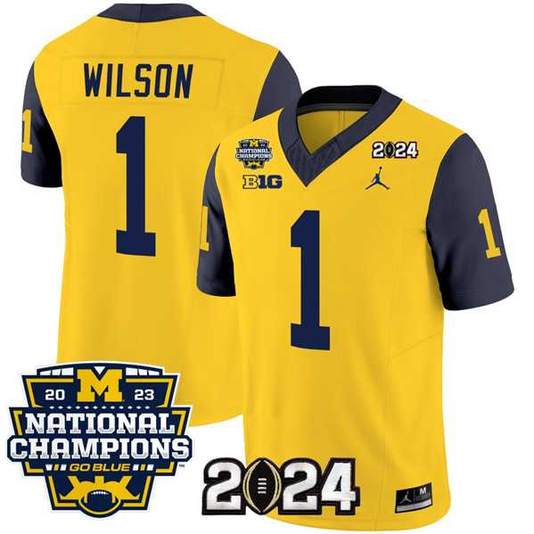 Men%27s Michigan Wolverines #1 Roman Wilson Yellow Navy 2024 F.U.S.E. With 2023 National Champions Patch Stitched Jersey